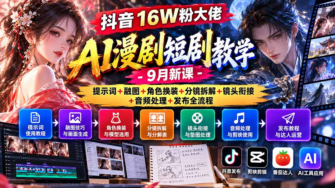 抖音16W粉大佬AI漫剧短剧教学-9月新课：提示词+融图+角色换装+分镜拆解+镜头衔接+音频处理+发布全流程-云创网