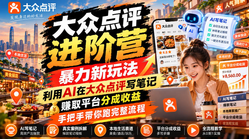 大众点评进阶营，暴力新玩法，利用AI在大众点评写笔记， 賺取平台分成收益，手把手带你跑完整流程-云创网