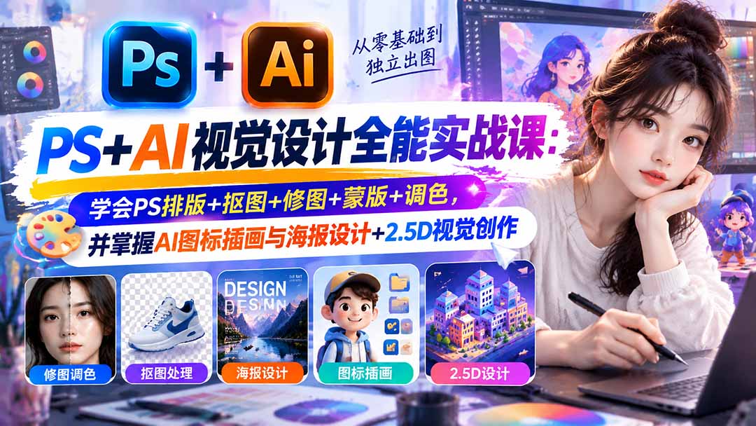 【无水印】PS+AI视觉设计全能实战课：学会PS排版+抠图+修图+蒙版+调色，并掌握AI图标插画与海报设计+2.5D视觉创作-云创网