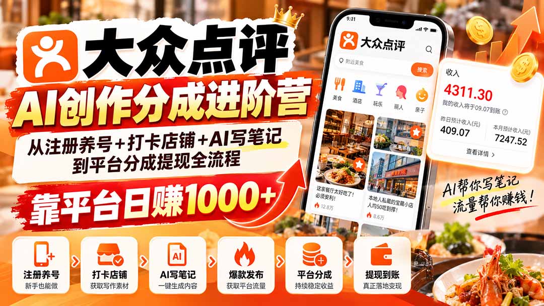 大众点评AI创作分成进阶营：从注册养号+打卡店铺+AI写笔记到平台分成提现全流程，靠平台日赚1000+-云创网