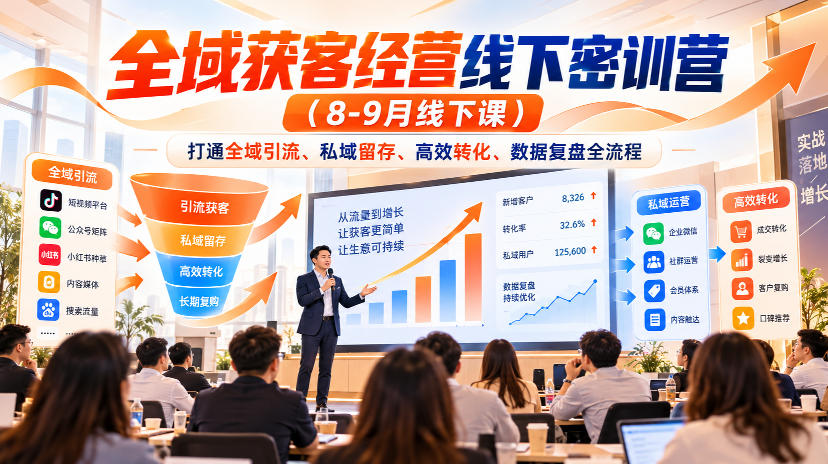 全域获客经营线下密训营(8-9月线下课)，打通全域引流、私域留存、高效转化、数据复盘全流程-云创网