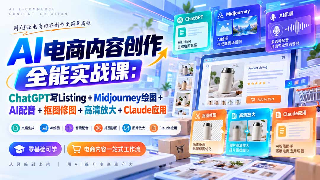【无水印】AI电商内容创作全能实战课：ChatGPT写Listing+Midjourney绘图+AI配音+抠图修图+高清放大+Claude应用-云创网