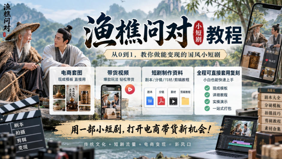 渔樵问对小短剧教程，包含电商套图、带货视频，短剧制作资料，全程可直接套用复刻-云创网