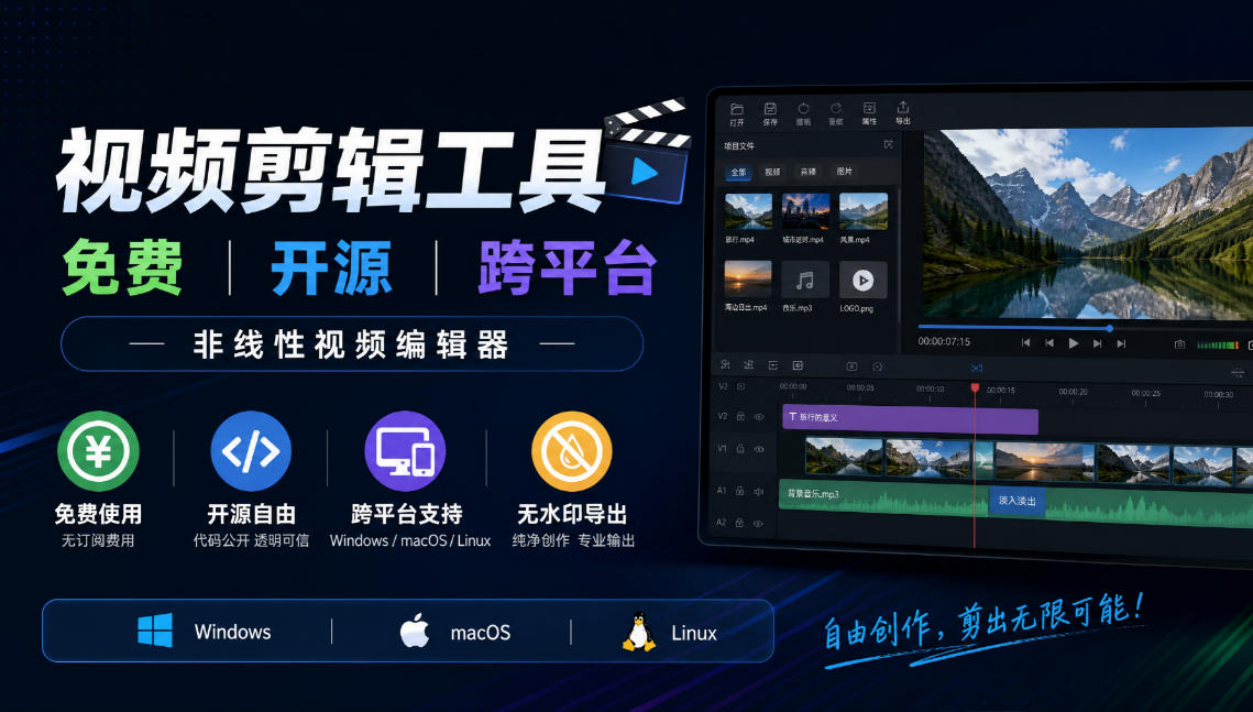 视频剪辑工具，免费、开源、跨平台，非线性视频编辑器，支持Windows、macOS、Linux，无水印、无订阅费用-云创网