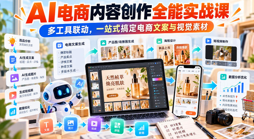 【无水印】AI电商内容创作全能实战课｜多工具联动，一站式搞定电商文案与视觉素材-云创网