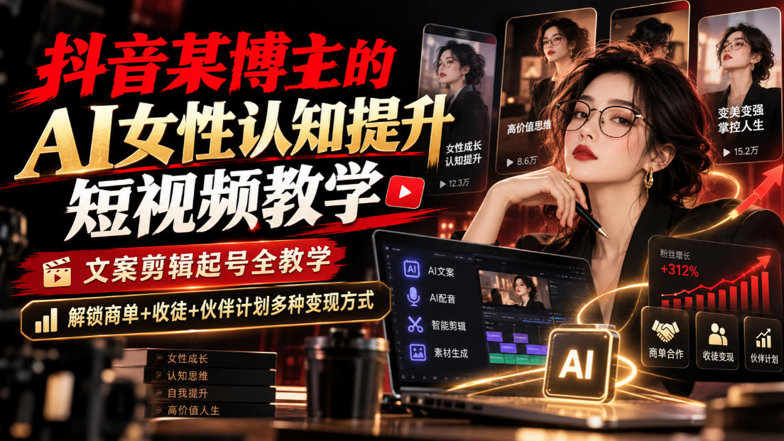 抖音某博主的Ai女性认知提升短视频教学，文案剪辑起号全教学，解锁商单+收徒+伙伴计划多种变现方式-云创网