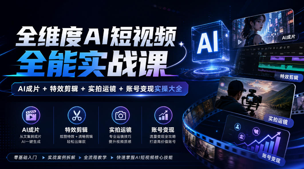 全维度AI短视频全能实战课，AI成片+特效剪辑+实拍运镜+账号变现实操大全-云创网