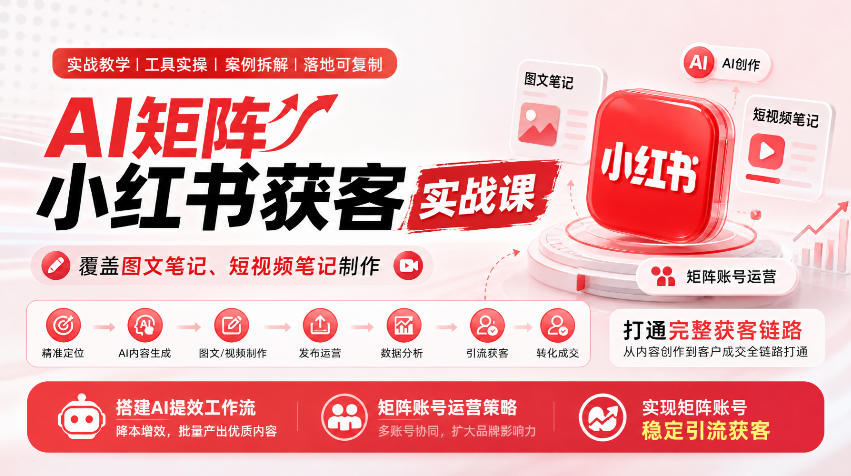 AI矩阵小红书获客实战课，覆盖图文笔记、短视频笔记制作，打通完整获客链路，搭建AI提效工作流，实现矩阵账号稳定引流获客-云创网