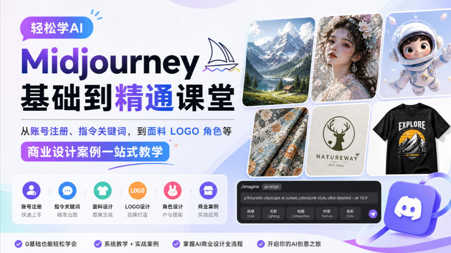 轻松学AI Midjourney基础到精通课堂，从账号注册、指令关键词，到面料LOGO角色等商业设计案例一站式教学-云创网