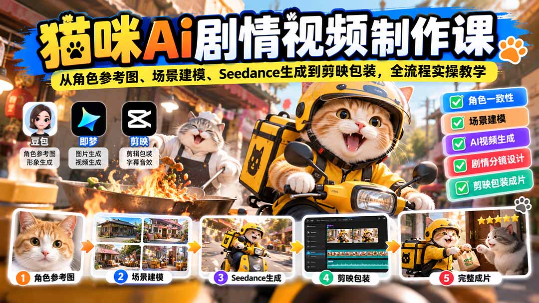 猫咪AI剧情视频制作课：从角色参考图、场景建模、Seedance生成到剪映包装，全流程实操教学-云创网