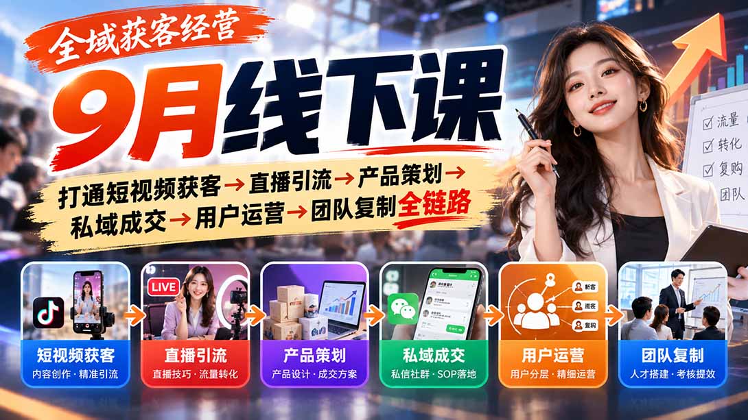 全域获客经营9月线下课：打通短视频获客→直播引流→产品策划→私域成交→用户运营→团队复制全链路-云创网