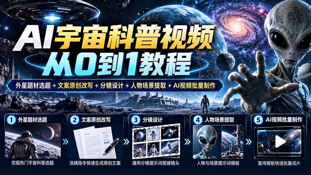 AI宇宙科普视频从0到1教程｜外星题材选题+文案原创改写+分镜设计+人物场景提取+AI视频批量制作-云创网
