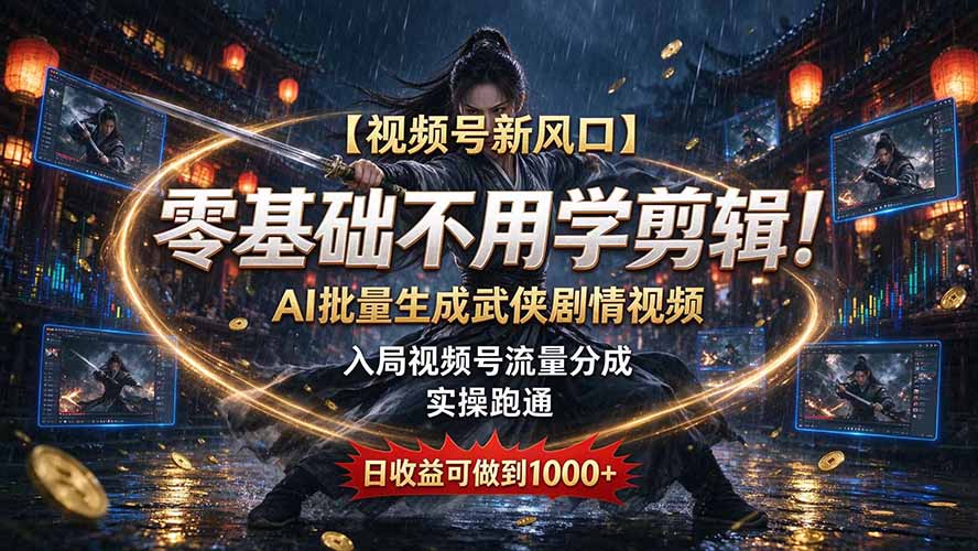 【视频号新风口】零基础不用学剪辑！AI 批量生成武侠剧情视频，入局视频号流量分成，实操跑通，日收益可做到 1000+-云创网