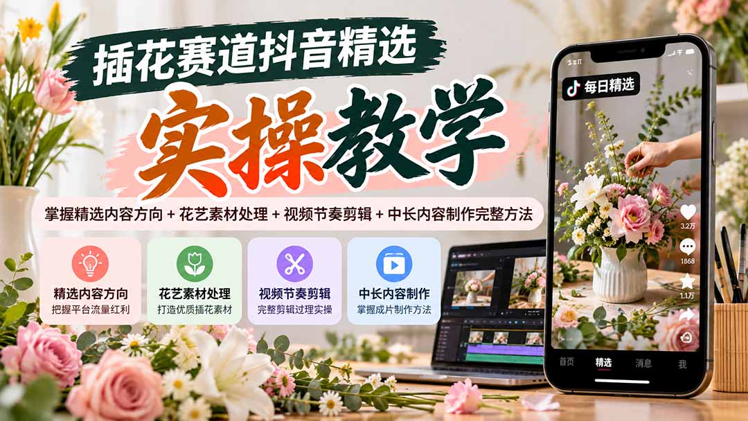 插花赛道抖音精选实操教学：掌握精选内容方向+花艺素材处理+视频节奏剪辑+中长内容制作完整方法-云创网
