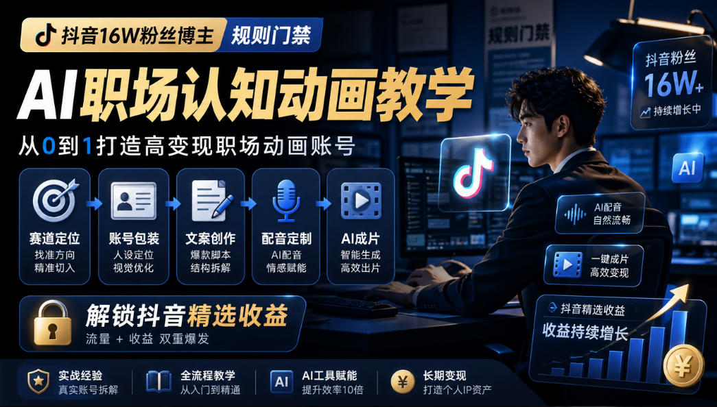 抖音16W粉丝博主规则门禁的AI职场认知动画教学，从赛道定位、账号包装，到文案创作、配音定制、AI成片，解锁抖音精选收益-云创网