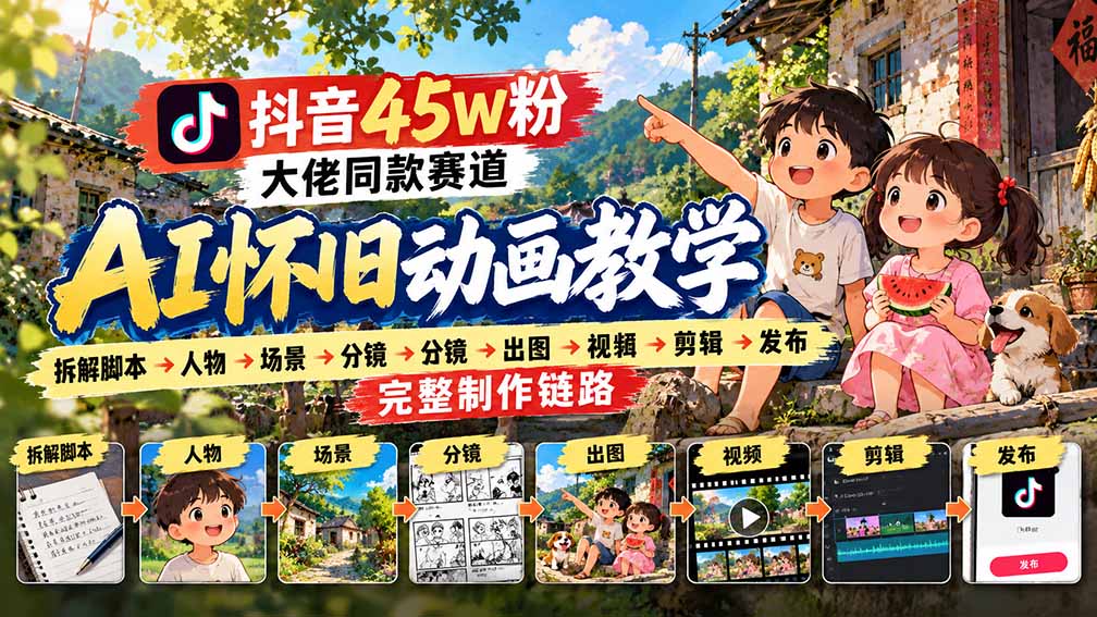 抖音45W粉大佬同款赛道AI怀旧动画教学：拆解脚本→人物→场景→分镜→出图→视频→剪辑→发布完整制作链路-云创网