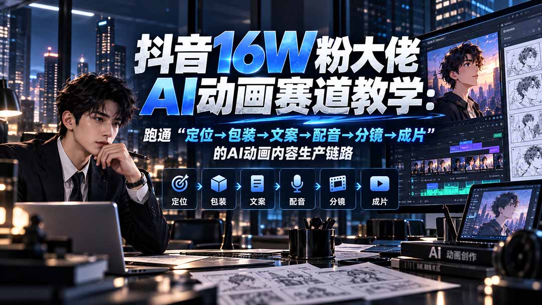 抖音16W粉大佬规则门禁AI动画赛道教学：跑通“定位→包装→文案→配音→分镜→成片”的AI动画内容生产链路-云创网