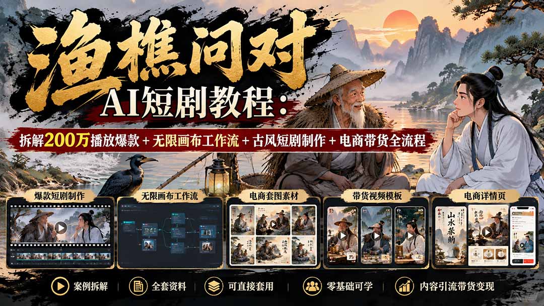 【无水印】渔樵问对AI短剧教程：拆解200万播放爆款+无限画布工作流+古风短剧制作+电商带货全流程-云创网