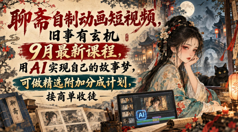 聊斋自制动画短视频，旧事有玄机9月最新课程，用AI实现自己的故事梦，可做精选附加分成计划，接商单收徒-云创网