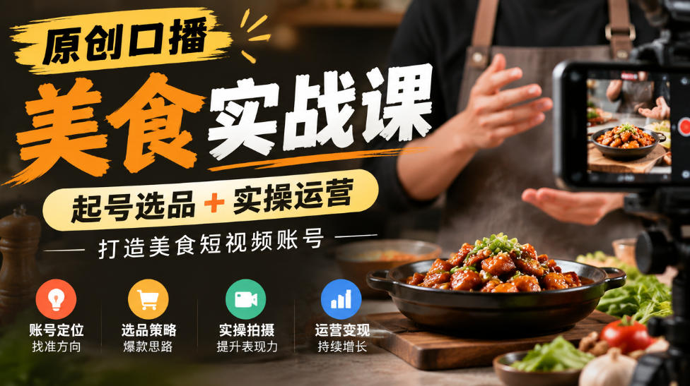 原创口播美食实战课，起号选品+实操运营，打造美食短视频账号-云创网