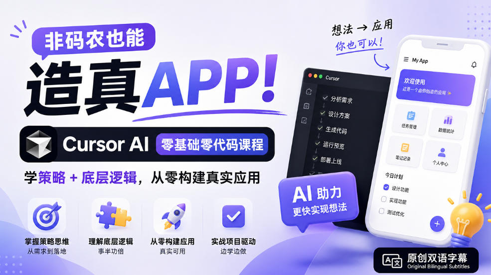 非码农也能造真APP！Cursor AI零基础零代码课程：学策略+底层逻辑，从零构建真实应用【原创双语字幕】-云创网