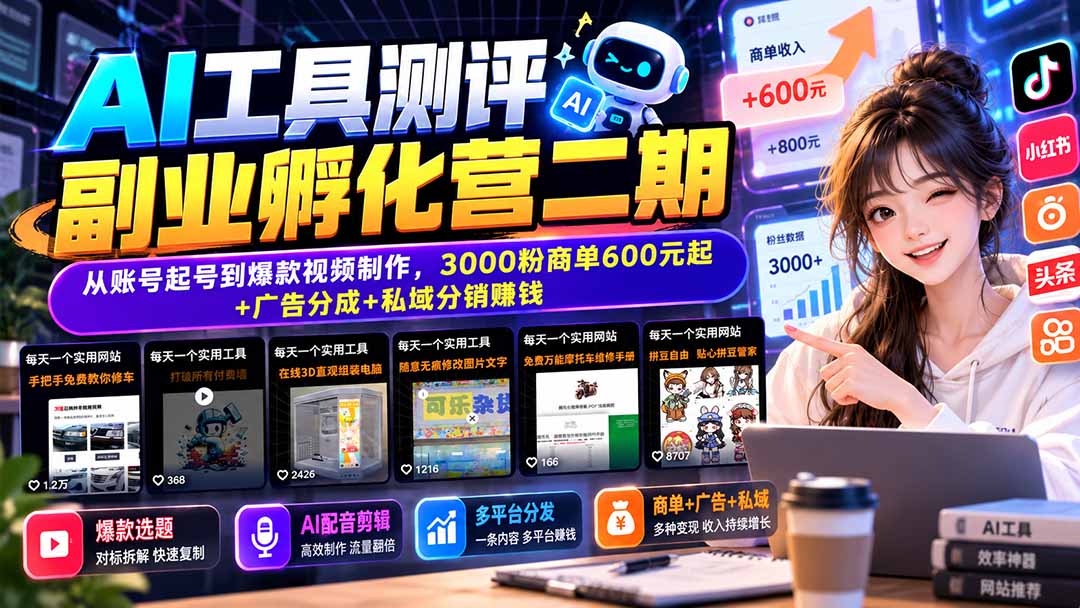 AI工具测评副业孵化营二期：从账号起号到爆款视频制作，3000粉商单600元起+广告分成+私域分销赚钱-云创网