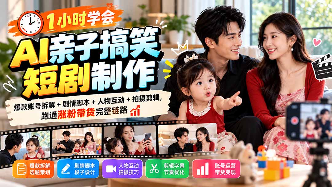 1小时学会AI亲子搞笑短剧制作：爆款账号拆解+剧情脚本+人物互动+拍摄剪辑，跑通涨粉带货完整链路-云创网