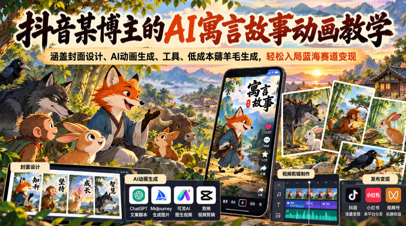 抖音某博主的AI寓言故事动画教学，涵盖封面设计、AI动画生成、工具、低成本薅羊毛生成，轻松入局蓝海赛道变现-云创网