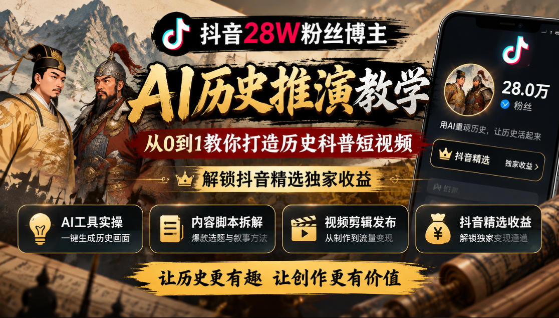 抖音28W粉丝博主的AI历史推演教学，从0到1教你打造历史科普短视频，解锁抖音精选独家收益-云创网