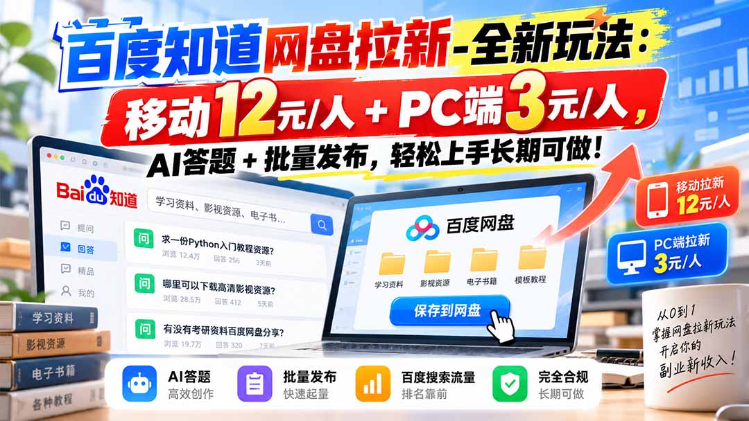 百度知道网盘拉新-全新玩法：移动12元/人+PC端3元/人，AI答题+批量发布，轻松上手长期可做！-云创网