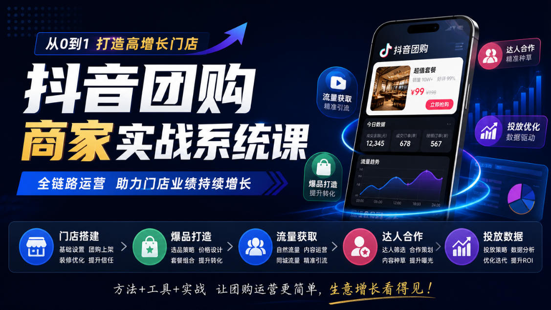 抖音团购商家实战系统课｜门店搭建、爆品打造、流量获取、达人合作、投放数据全链路运营-云创网