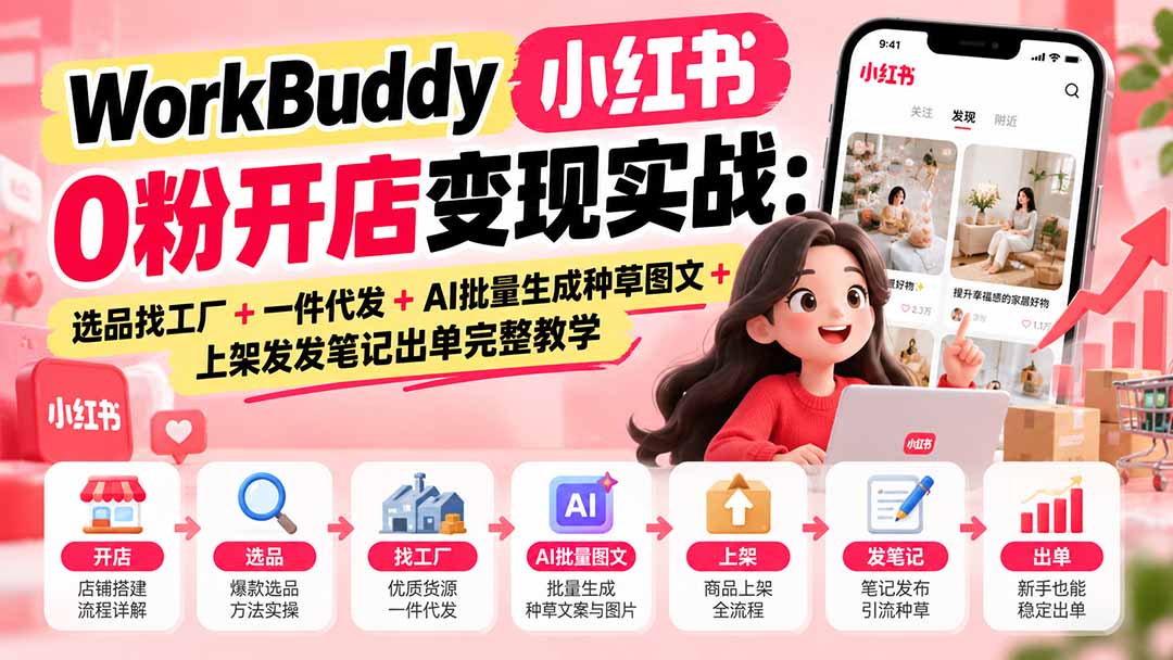 WorkBuddy小红书0粉开店变现实战：选品找工厂+一件代发+AI批量生成种草图文+上架发发笔记出单完整教学-云创网
