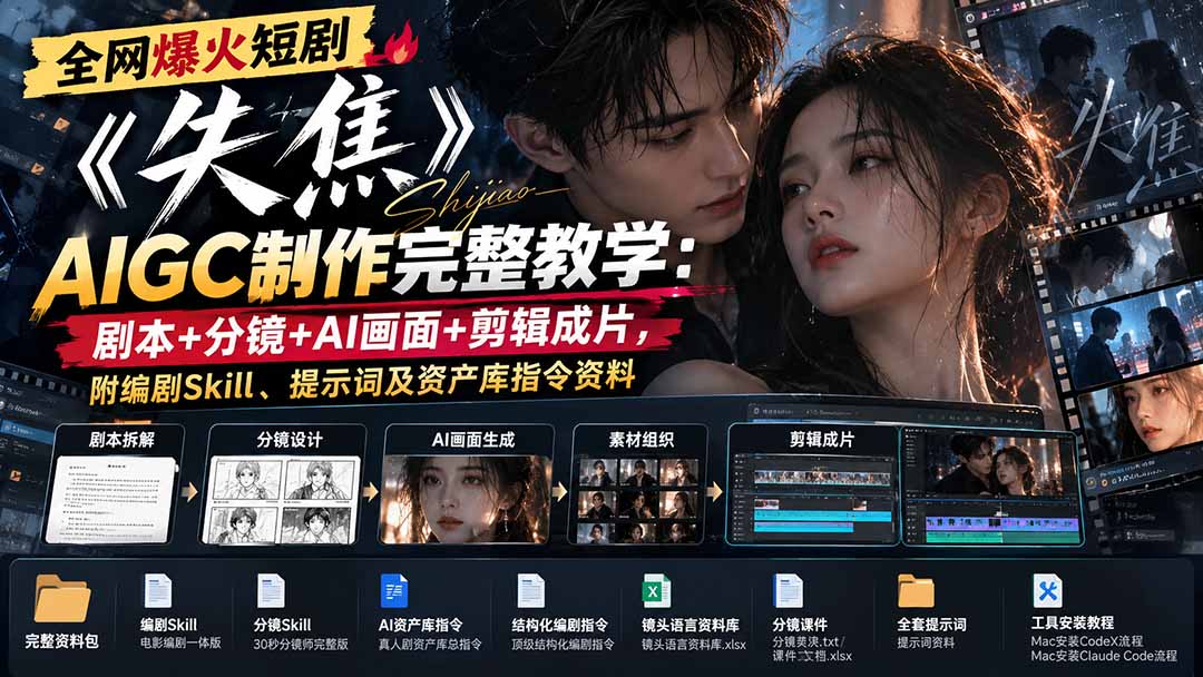 全网爆火短剧《失焦》AIGC制作完整教学：剧本+分镜+AI画面+剪辑成片，附编剧Skill、提示词及资产库指令资料-云创网