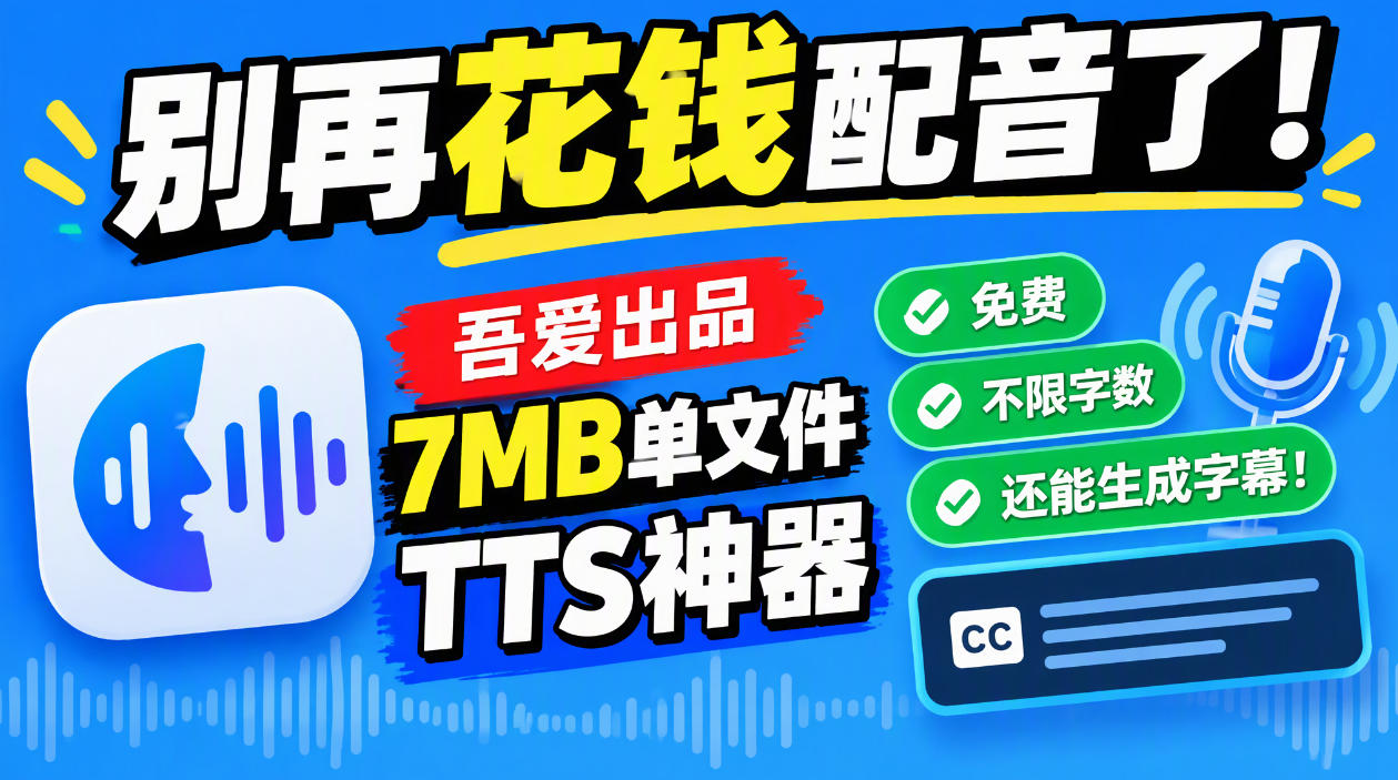别再花钱配音了！吾爱出品7MB单文件TTS神器，免费不限字数还能生成字幕！-云创网