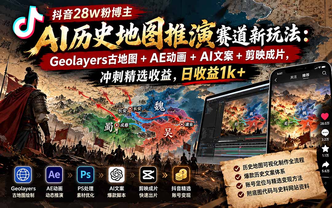 抖音28W粉博主AI历史地图推演赛道新玩法：Geolayers古地图+AE动画+AI文案+剪映成片，冲刺精选收益，日收益1k+-云创网