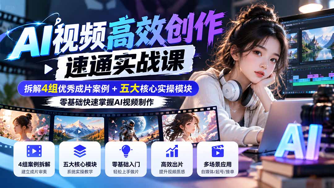 【无水印】AI视频高效创作速通实战课：拆解4组优秀成片案例+五大核心实操模块，零基础快速掌握AI视频制作-云创网