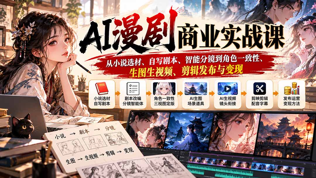 AI漫剧商业实战课：从小说选材、自写剧本、智能分镜到角色一致性、生图生视频、剪辑发布与变现-云创网