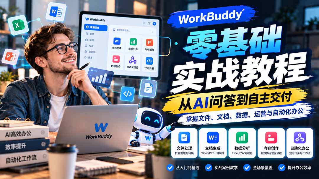 WorkBuddy零基础实战教程：从AI问答到自主交付，掌握文件、文档、数据、运营与自动化办公-云创网