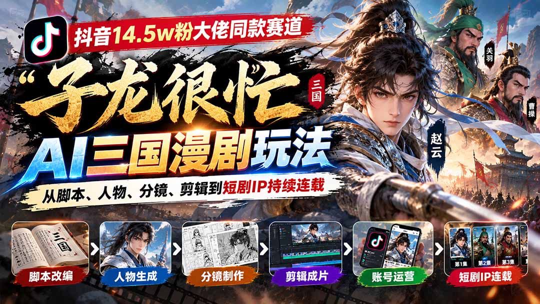 抖音14.5w粉大佬同款赛道「子龙很忙」AI三国漫剧玩法：从脚本、人物、分镜、剪辑到短剧IP持续连载-云创网