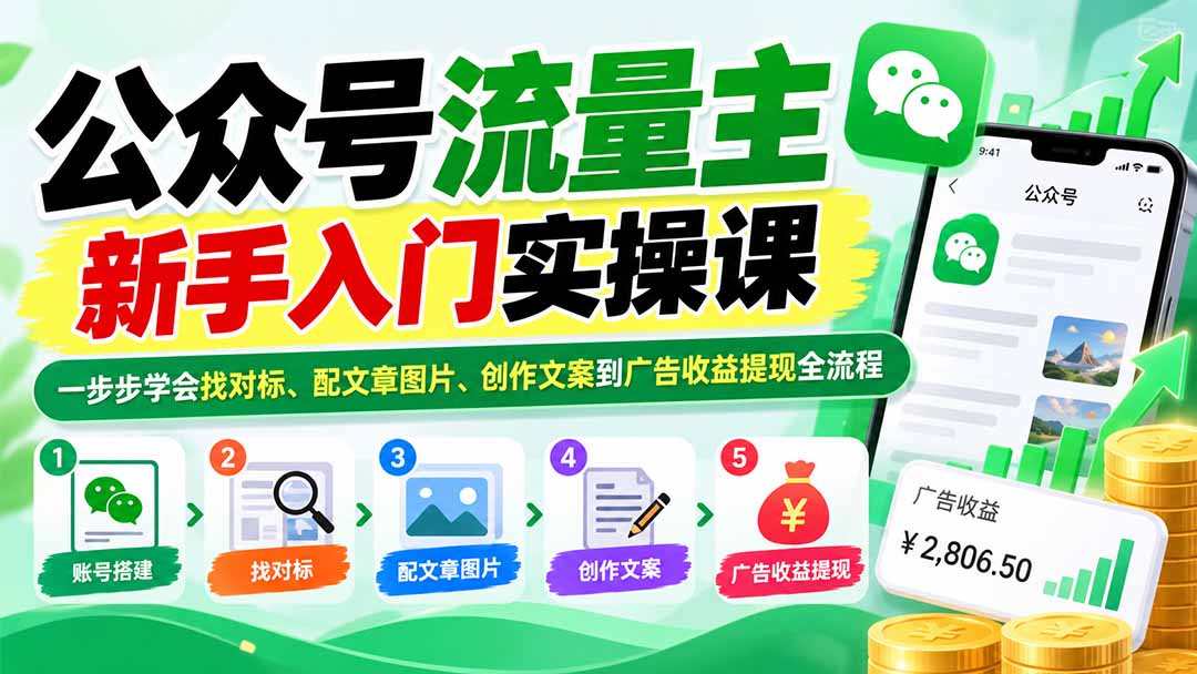公众号流量主新手入门实操课：一步步学会找对标、配文章图片、创作文案到广告收益提现全流程-云创网