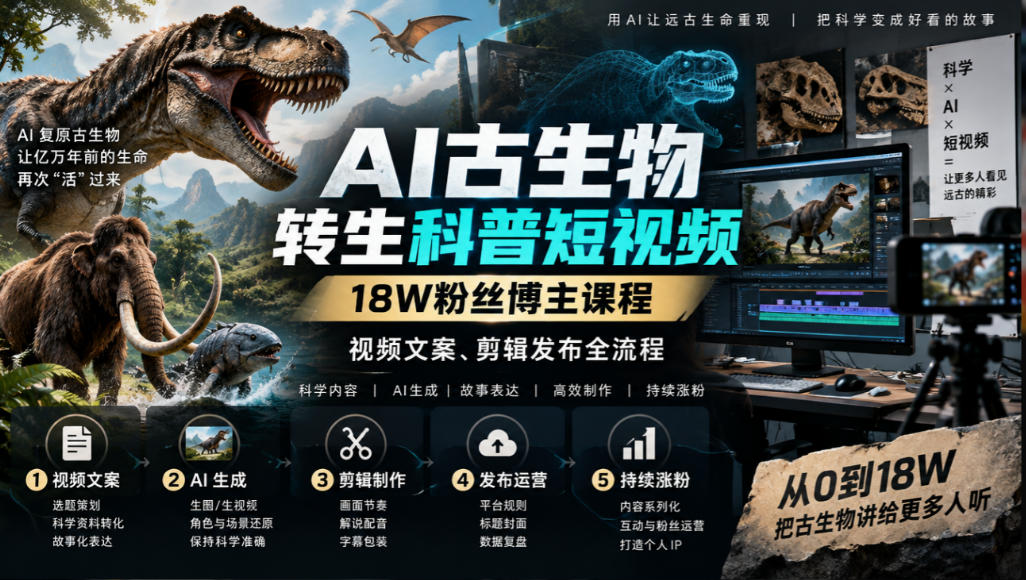 AI古生物转生科普短视频，18W粉丝博主课程，视频文案、剪辑发布全流程-云创网