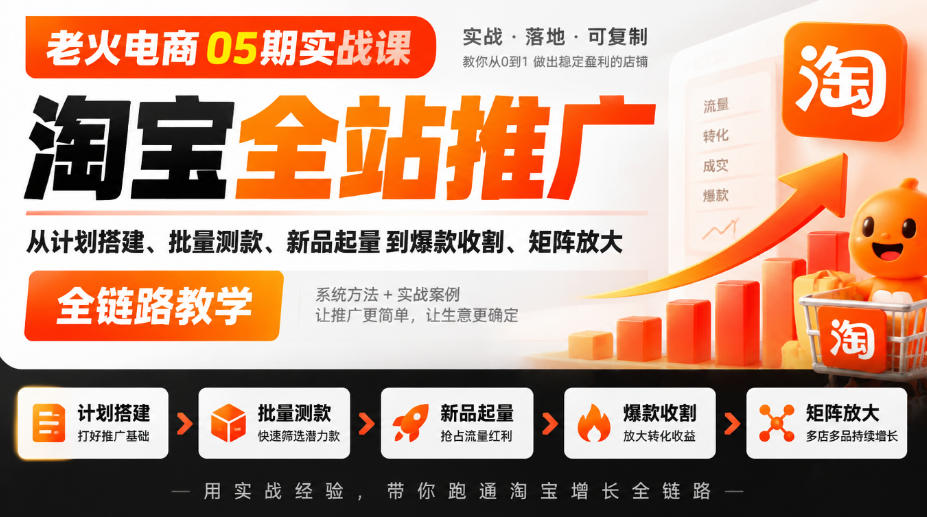 老火电商05期实战课｜淘宝全站推广从计划搭建、批量测款、新品起量到爆款收割、矩阵放大全链路教学-云创网