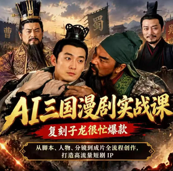 抖音14W粉博主同款AI三国漫剧实战课，复刻子龙很忙爆款，从脚本、人物、分镜到成片全流程创作，打造高流量短剧IP-云创网