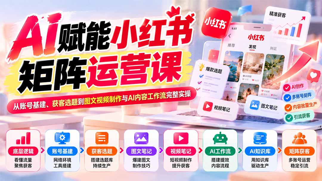 AI赋能小红书矩阵运营课：从账号基建、获客选题到图文视频制作与AI内容工作流完整实操-云创网