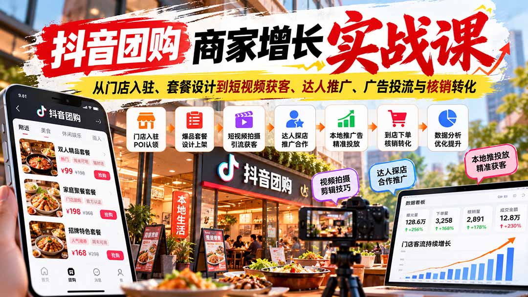 抖音团购商家增长实战课：从门店入驻、套餐设计到短视频获客、达人推广、广告投流与核销转化-云创网