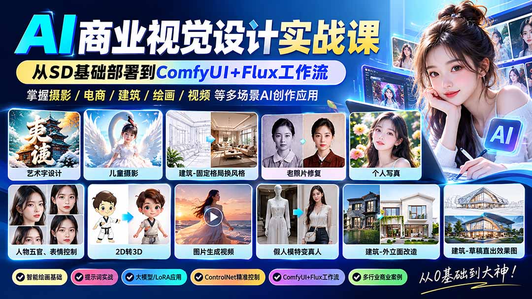 【无水印】AI商业视觉设计实战课：从SD基础部署到ComfyUI+Flux工作流，掌握摄影电商建筑AI创作-云创网