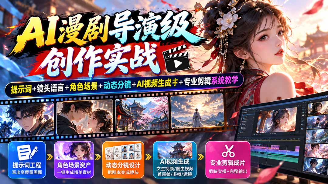 AI漫剧导演级创作实战：提示词+镜头语言+角色场景+动态分镜+AI视频生成+专业剪辑系统教学-云创网