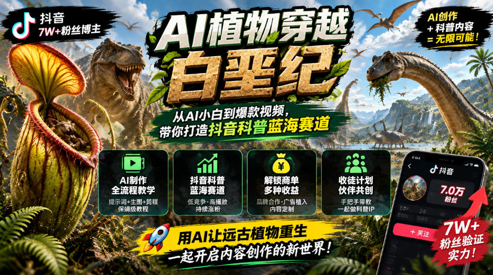 抖音7W粉丝博主的AI植物穿越白垩纪教学，抖音科普蓝海赛道，解锁商单收徒伙伴计划等多种收益-云创网