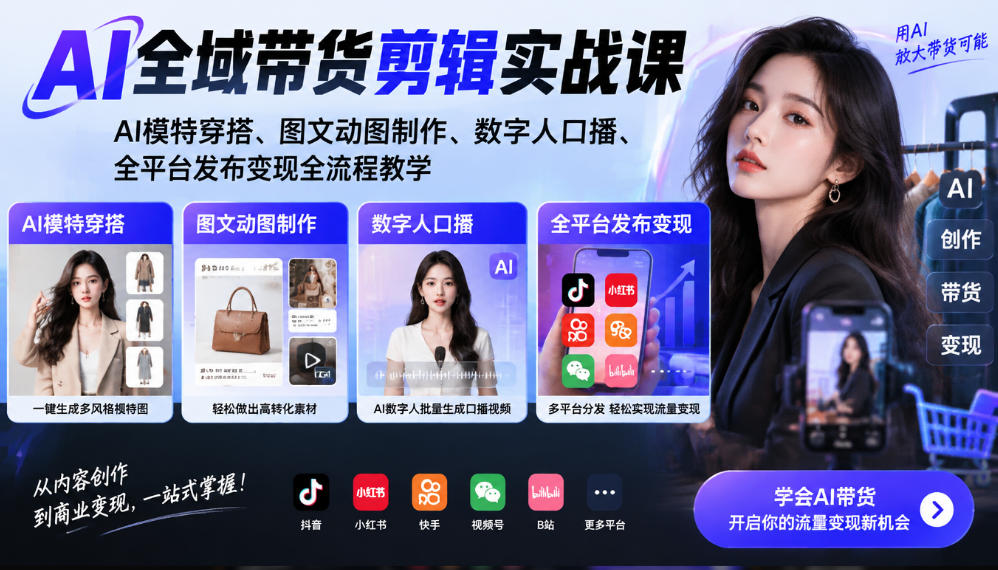 AI全域带货剪辑实战课｜AI模特穿搭、图文动图制作、数字人口播、全平台发布变现全流程教学-云创网