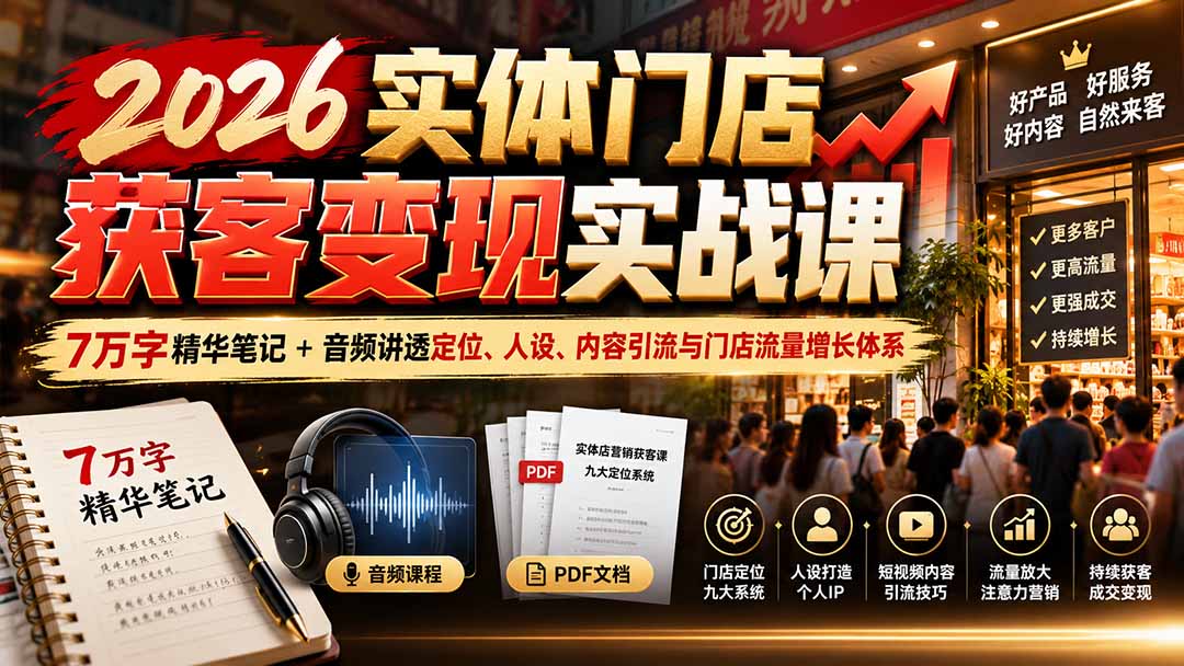 2026实体门店获客变现实战课：7万字精华笔记+音频讲透定位、人设、内容引流与门店流量增长体系-云创网